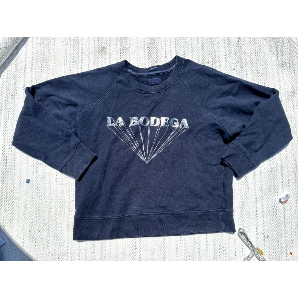 MOTHER Sweater Women's Small Blue Graphic La Bodega Long Sleeve Crew Neck Cotton - Picture 3 of 10